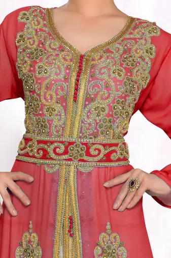 Maroon & White color Handmade Moroccan Kaftan with hijjab