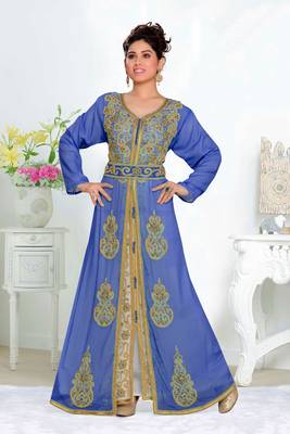 Navy-Blue & White color Handmade Moroccan Kaftan with hijjab 1