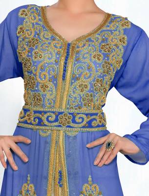 Navy-Blue & White color Handmade Moroccan Kaftan with hijjab 2