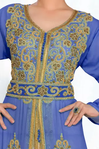 Navy-Blue & White color Handmade Moroccan Kaftan with hijjab