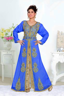 Royal-Blue & White color Handmade Moroccan Kaftan with hijjab 1