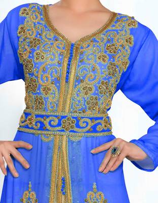 Royal-Blue & White color Handmade Moroccan Kaftan with hijjab 2