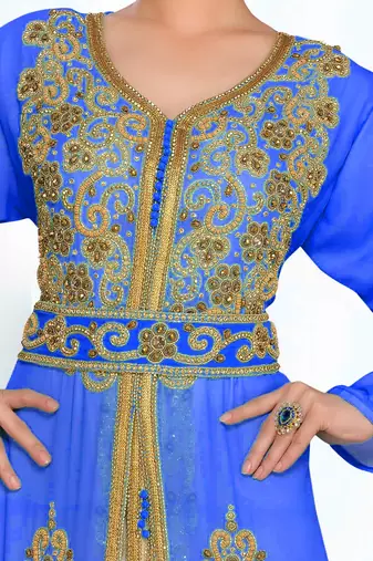 Royal-Blue & White color Handmade Moroccan Kaftan with hijjab