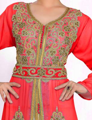 Red & White color Handmade Moroccan Kaftan with hijjab 2