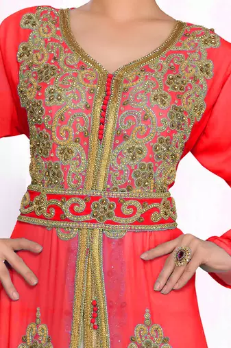 Red & White color Handmade Moroccan Kaftan with hijjab