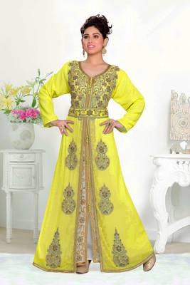 Yellow & White color Handmade Moroccan Kaftan with hijjab 1