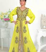 Yellow & White color luxurious Handmade Moroccan Kaftan with hijjab