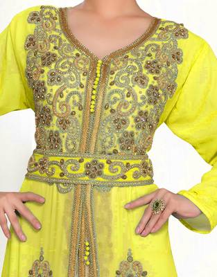 Yellow & White color Handmade Moroccan Kaftan with hijjab 2