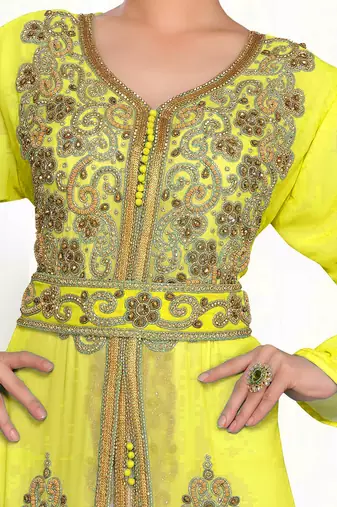 Yellow & White color Handmade Moroccan Kaftan with hijjab