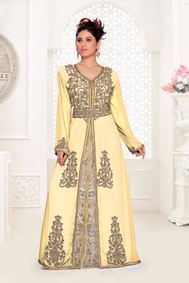 Beige & White color Handmade Moroccan Kaftan with hijjab 1