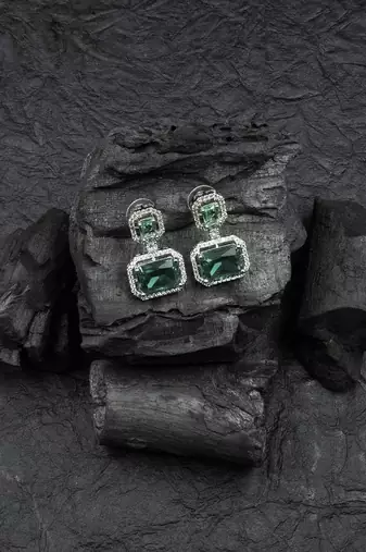 Silver minimalist crystal green ad stud earrings