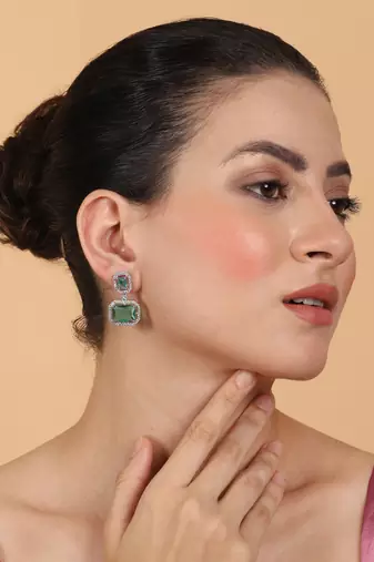 Silver minimalist crystal green ad stud earrings