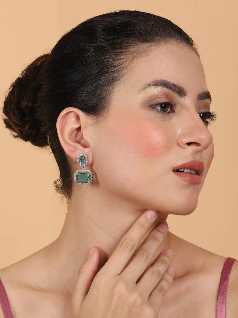 Silver minimalist crystal green ad stud earrings