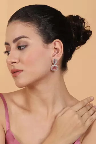 Silver minimalist crystal pink ad stud earrings