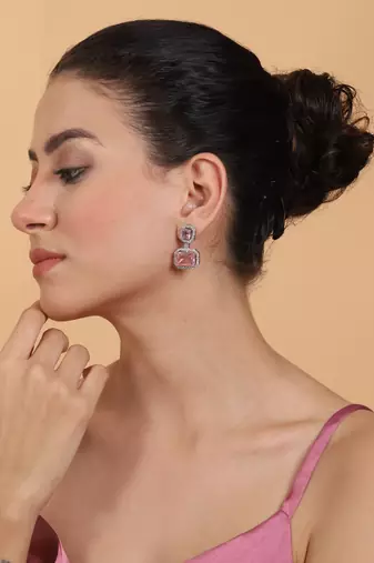 Silver minimalist crystal pink ad stud earrings