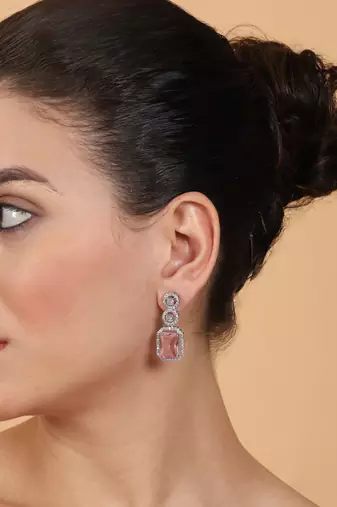 Silver minimalist crystal pink ad stud earrings