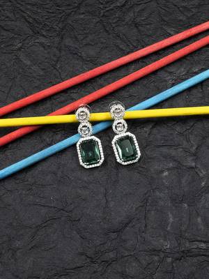 Silver minimalist crystal green ad stud earrings 1