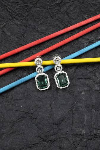 Silver minimalist crystal green ad stud earrings