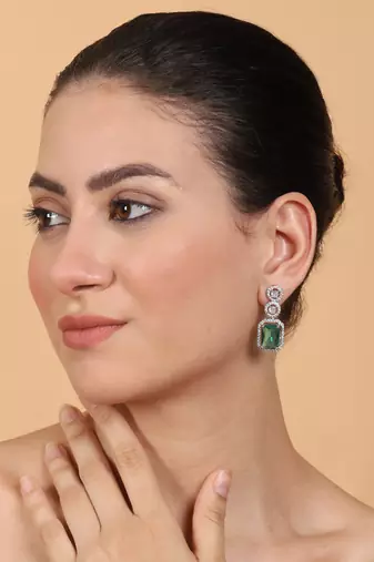 Silver minimalist crystal green ad stud earrings