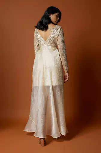 Ivory satin & organza embroidered gown