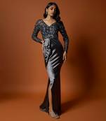 Grey stretch satin & net floral hand embroidered gown