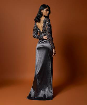 Grey stretch satin & net floral hand embroidered gown 2