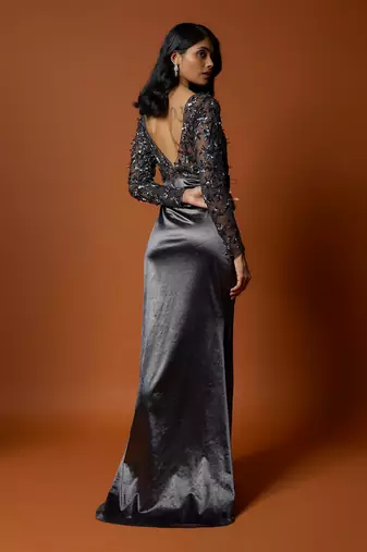 Grey stretch satin & net floral hand embroidered gown