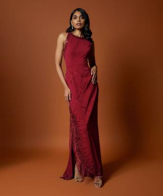 Red embroidered asymmetrical gown 1
