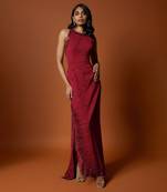 Red embroidered asymmetrical gown