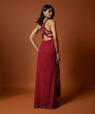 Red embroidered asymmetrical gown 2