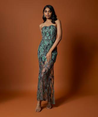 Sea green net geometric embroidered gown 1