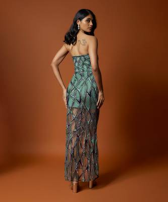 Sea green net geometric embroidered gown 2