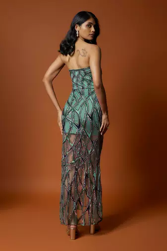 Sea green net geometric embroidered gown