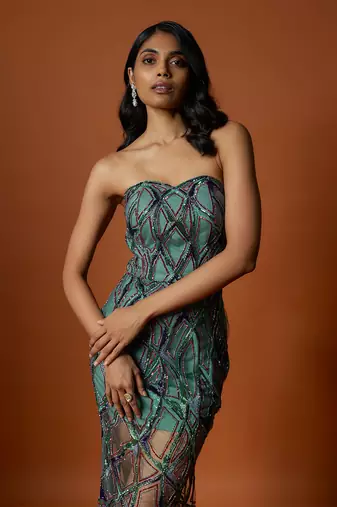 Sea green net geometric embroidered gown