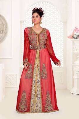 Maroon & White color Handmade Moroccan Kaftan with hijjab 1