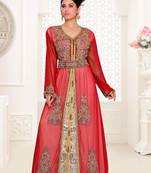 Maroon & White color luxurious Handmade Moroccan Kaftan with hijjab