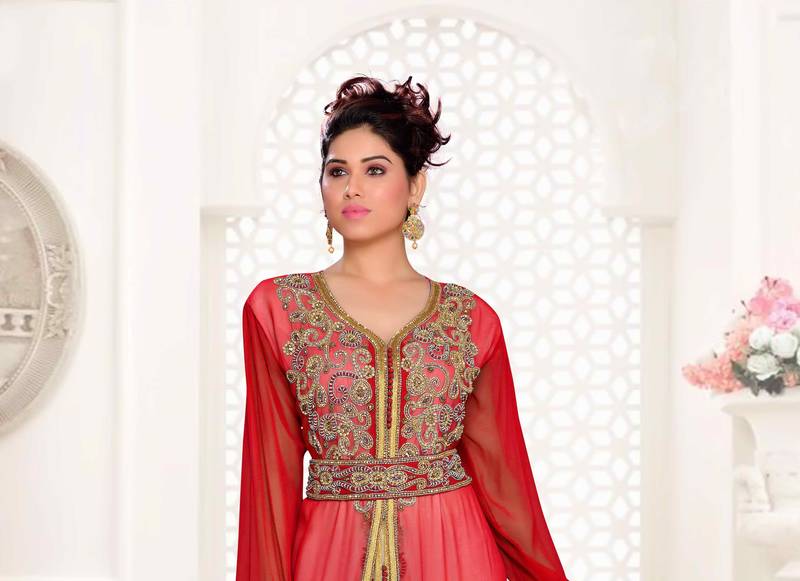 Maroon & White color luxurious Handmade Moroccan Kaftan with hijjab