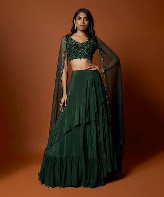 Green Organza Asymmetrical Lehenga Set 1