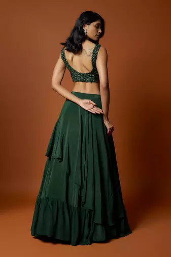 Green Organza Asymmetrical Lehenga Set