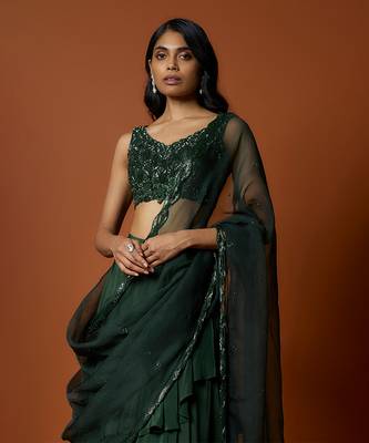 Green Organza Asymmetrical Lehenga Set 4