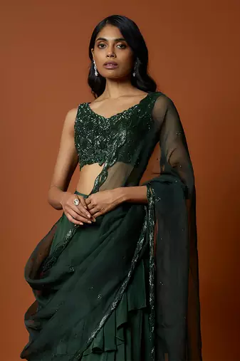 Green Organza Asymmetrical Lehenga Set