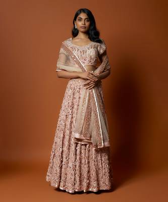 Baby Pink 3D Rose Embroidered Lehenga Set 1