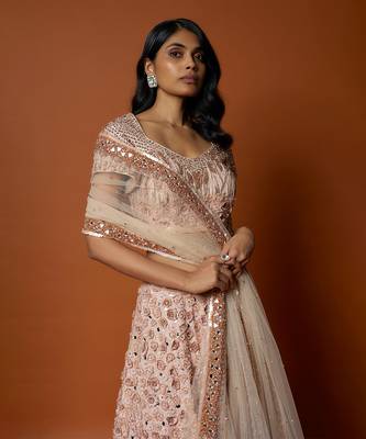 Baby Pink 3D Rose Embroidered Lehenga Set 4