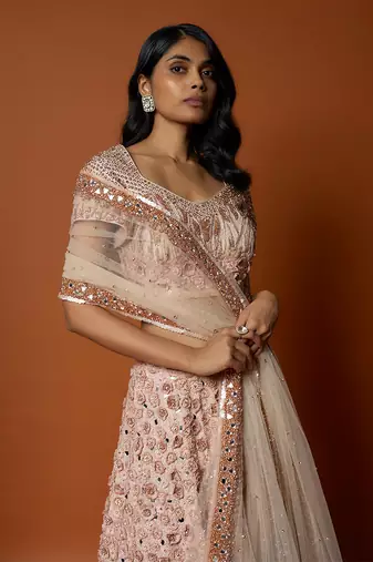 Baby Pink 3D Rose Embroidered Lehenga Set