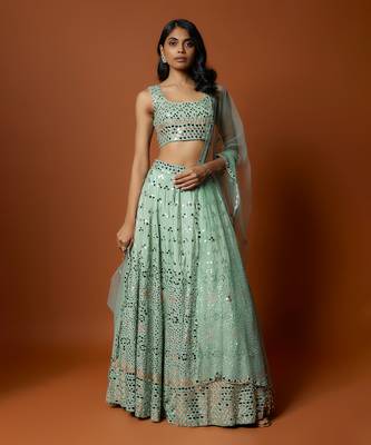 Sea Green Mirror Embroidered Lehenga Set 1