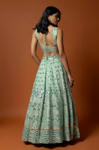 Sea Green Mirror Embroidered Lehenga Set