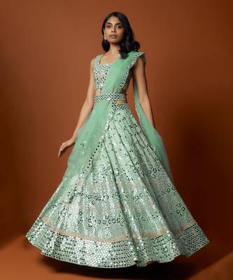 Sea Green Mirror Embroidered Lehenga Set 4