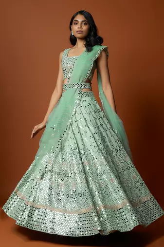 Sea Green Mirror Embroidered Lehenga Set