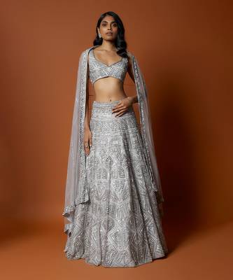 Silver Grey Embroidered Lehenga Set 1
