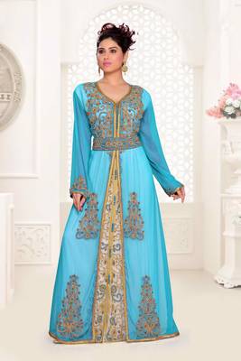 Cyan & White color Handmade Moroccan Kaftan with hijjab 1